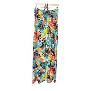 MAGIC tropical leaf print maxi skirt smocked w/beaded neck accent LARGE